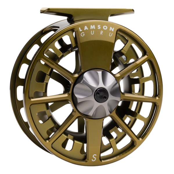Olive green Gurus fly fishing reel with silver center cap and engraved Lamson Guru branding.