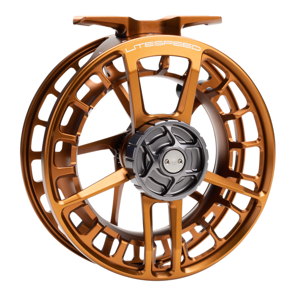 Whiskey-colored Litespeed F fishing reel with sleek, modern aluminum frame and black central drag knob.