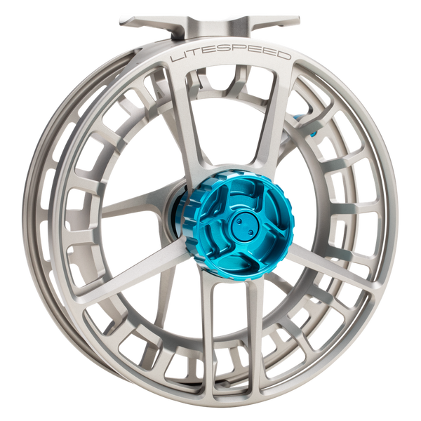 Silver lightweight fishing reel with open-frame design and bright blue central spool knob.
