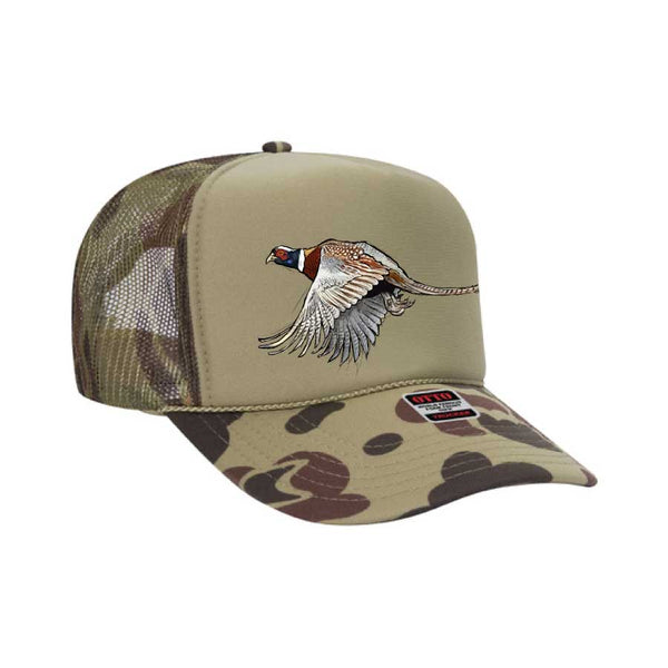 Loden camo trucker hat with mesh back and embroidered flying pheasant design on front panel.