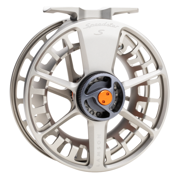 Silver LAMSON Speedster S fly fishing reel with black and orange spool knob and large arbor design.