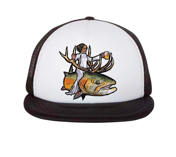 White front trucker hat with black mesh and brim featuring a colorful Bull Trout Princess graphic.