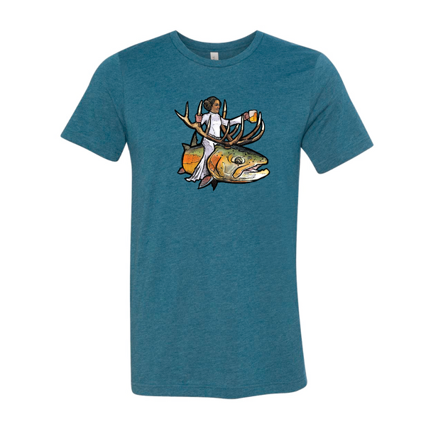 Teal short sleeve tee with colorful Bull Trout Princess graphic featuring a stylized fish and antlers.