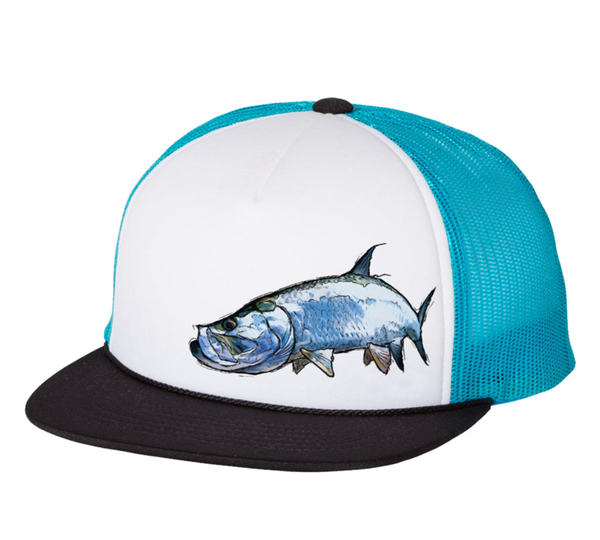 White front trucker hat with blue mesh back, black brim, and colorful tarpon fish graphic on front panel.