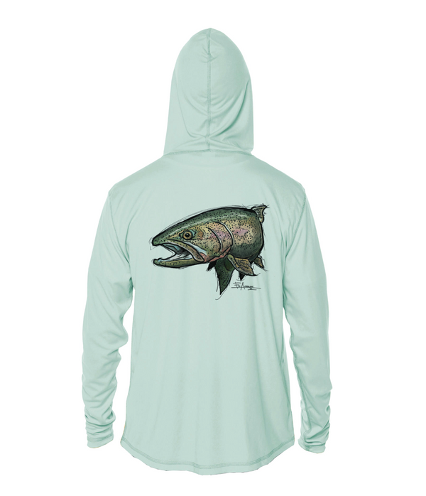 Light sea grass green hooded sun shirt with detailed rainbow trout graphic on the back and long sleeves.