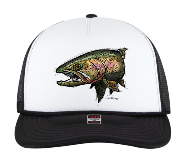 White front trucker hat with black mesh back and curved bill, featuring detailed colorful trout illustration on front panel.