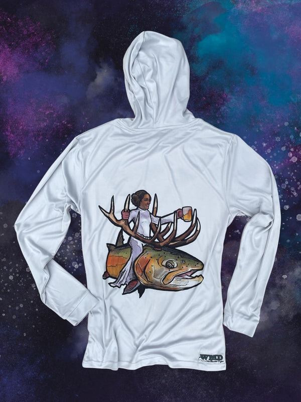 White long-sleeve hooded sun shirt with colorful Bull Trout Princess fishing graphic on back.