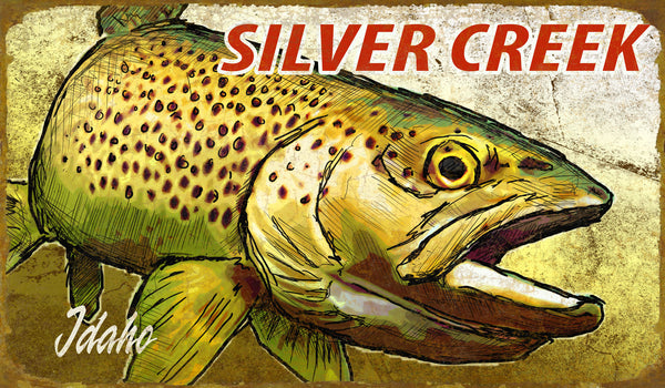 Brown trout illustration on rustic metal sign with "Silver Creek" and Idaho text, vintage style.